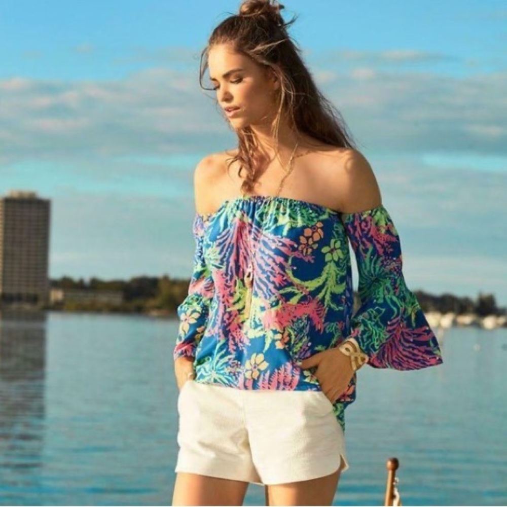 Lilly Pulitzer Sanilla Off the Shoulder Silk Top Indigo Blue All A Glow XS